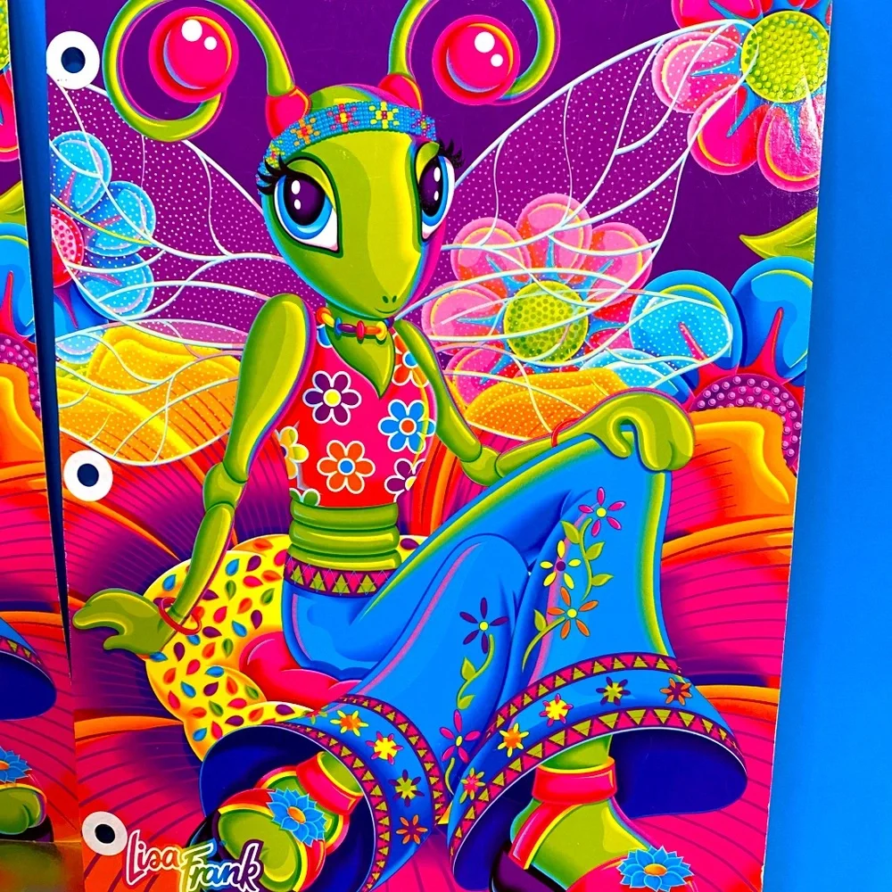 LISA FRANK VTG FANTASTIC WORLD DIVA DRAGONFLY 3 HOLE BINDER DIVIDERS SET OF 2